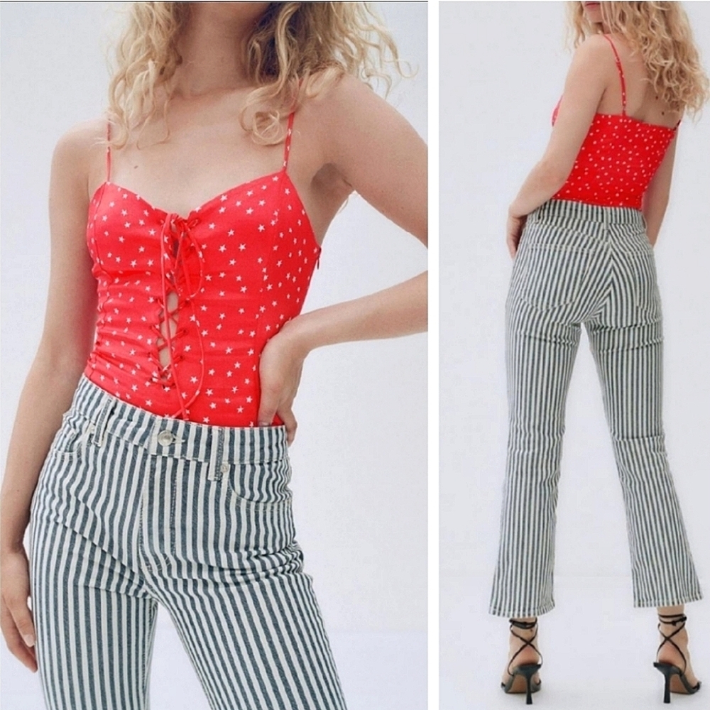 Zara Womens Satin Star Print Red White Stars Lace Up Snap Bottom Bodysuit Size M